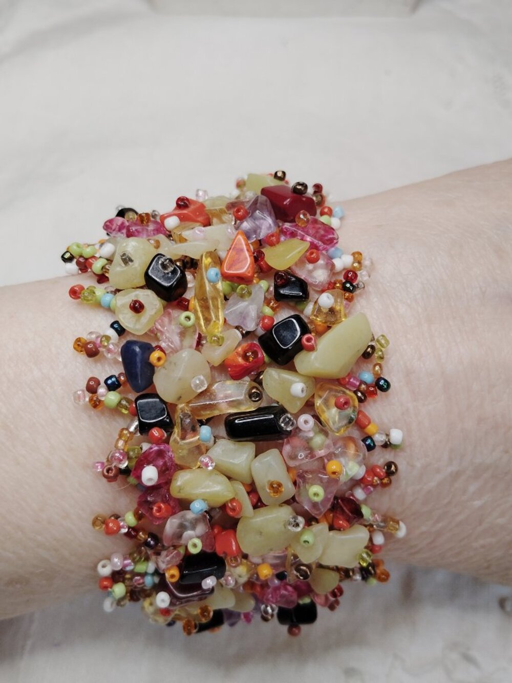 Boho Chic Freeform Gemstone & Seed Bead Cluster Cuff Bracelet – 7"–7.5" x 2"